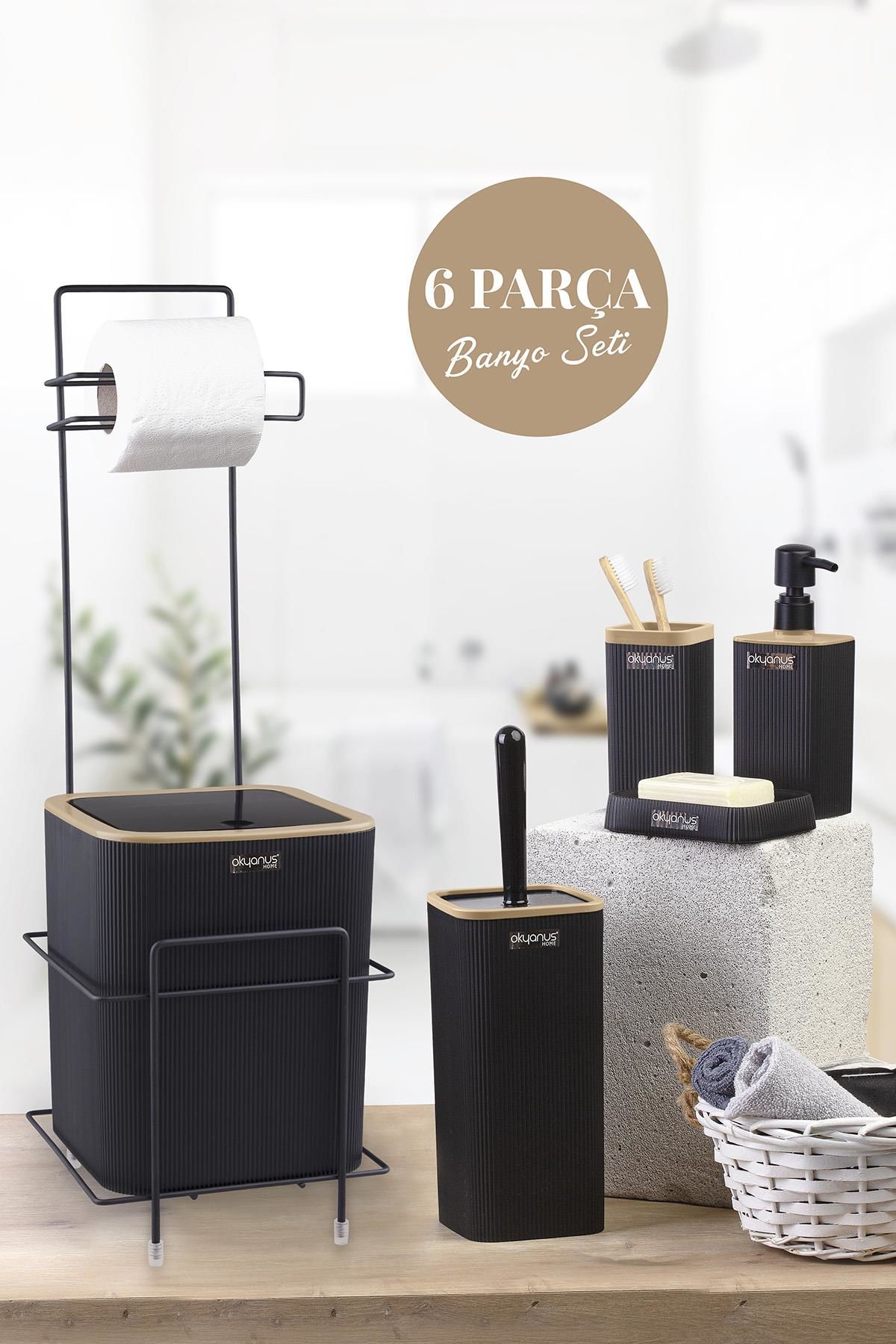 Okyanus Home Siyah Kare Mina Due Standlı Wc Kağıtlık ve 6 Parça Banyo Seti