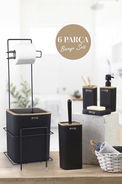 Okyanus Home Siyah Kare Mina Due Standlı Wc Kağıtlık ve 6 Parça Banyo Seti