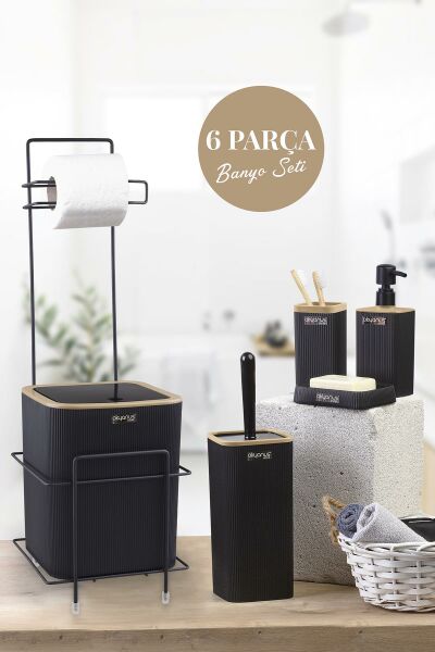 Okyanus Home Siyah Kare Mina Due Standlı Wc Kağıtlık ve 6 Parça Banyo Seti