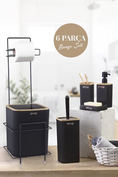 Okyanus Home Siyah Kare Mina Due Standlı Wc Kağıtlık ve 6 Parça Banyo Seti