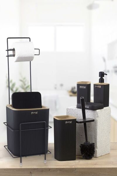 Okyanus Home Siyah Kare Mina Due Standlı Wc Kağıtlık ve 6 Parça Banyo Seti