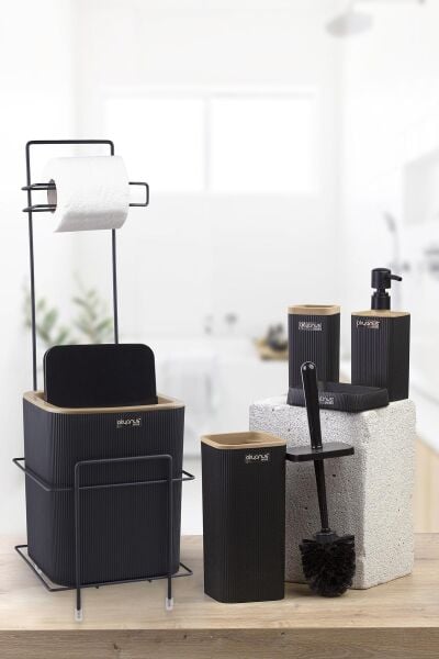 Okyanus Home Siyah Kare Mina Due Standlı Wc Kağıtlık ve 6 Parça Banyo Seti