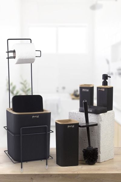 Okyanus Home Siyah Kare Mina Due Standlı Wc Kağıtlık ve 6 Parça Banyo Seti