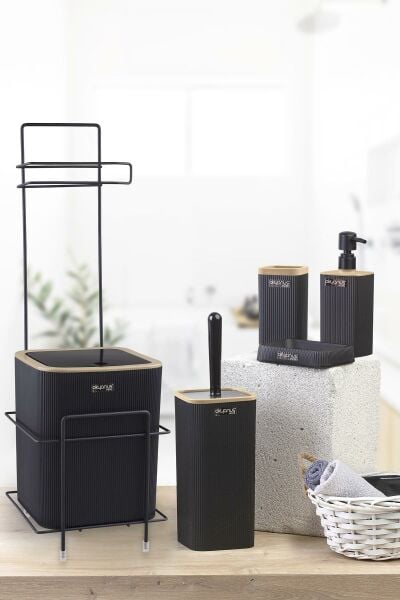 Okyanus Home Siyah Kare Mina Due Standlı Wc Kağıtlık ve 6 Parça Banyo Seti