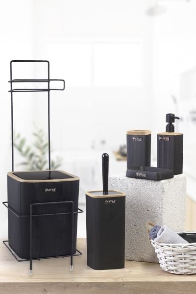 Okyanus Home Siyah Kare Mina Due Standlı Wc Kağıtlık ve 6 Parça Banyo Seti