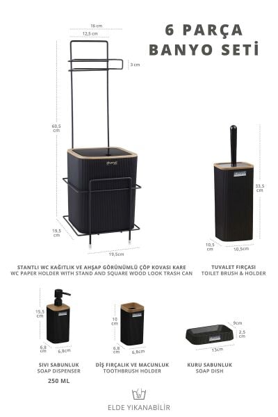 Okyanus Home Siyah Kare Mina Due Standlı Wc Kağıtlık ve 6 Parça Banyo Seti