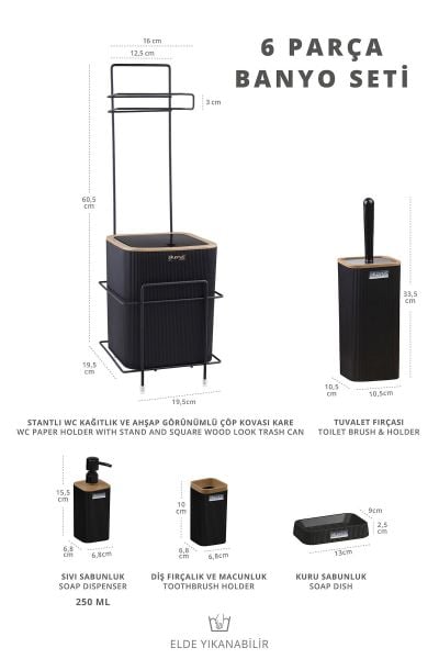 Okyanus Home Siyah Kare Mina Due Standlı Wc Kağıtlık ve 6 Parça Banyo Seti