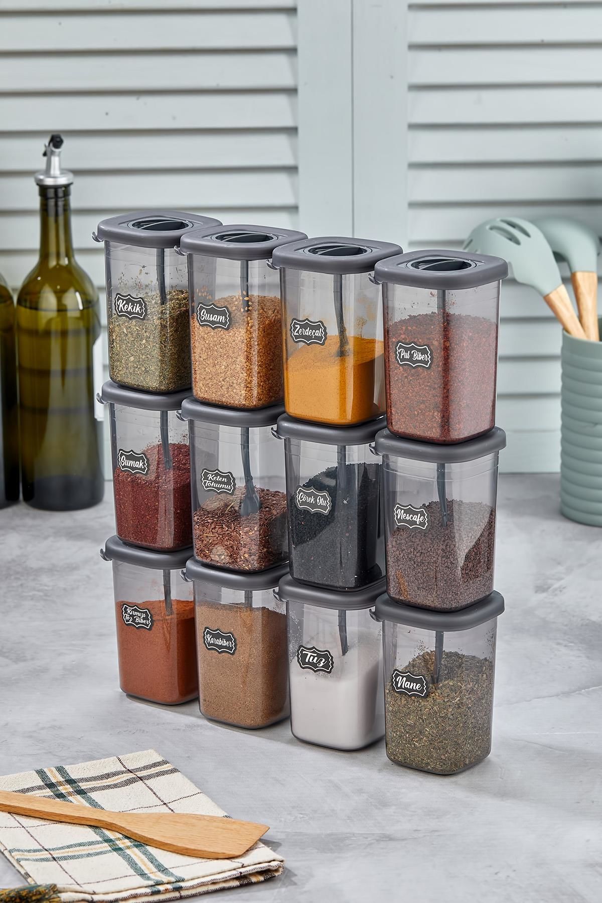 Okyanus Home 12 Adet Etiketli Kaşıklı Kilitlenebilir Kapaklı Baharatlık Seti 450 ml