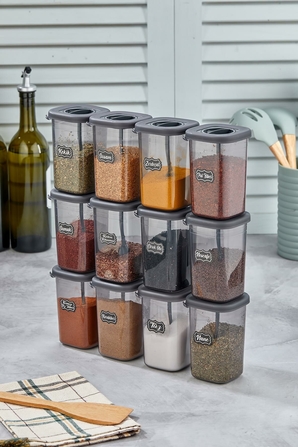 Okyanus Home 12 Adet Etiketli Kaşıklı Kilitlenebilir Kapaklı Baharatlık Seti 450 ml