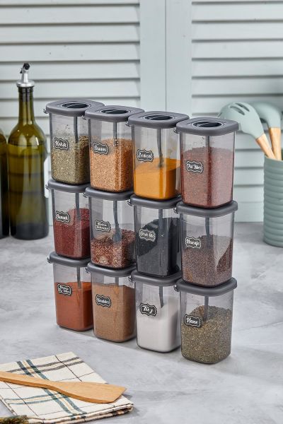 Okyanus Home 12 Adet Etiketli Kaşıklı Kilitlenebilir Kapaklı Baharatlık Seti 450 ml