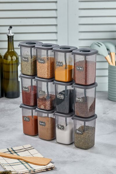 Okyanus Home 12 Adet Etiketli Kaşıklı Kilitlenebilir Kapaklı Baharatlık Seti 450 ml