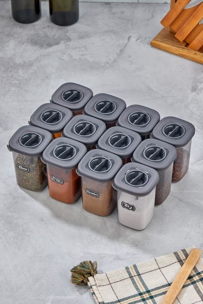 Okyanus Home 12 Adet Etiketli Kaşıklı Kilitlenebilir Kapaklı Baharatlık Seti 450 ml