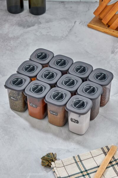 Okyanus Home 12 Adet Etiketli Kaşıklı Kilitlenebilir Kapaklı Baharatlık Seti 450 ml