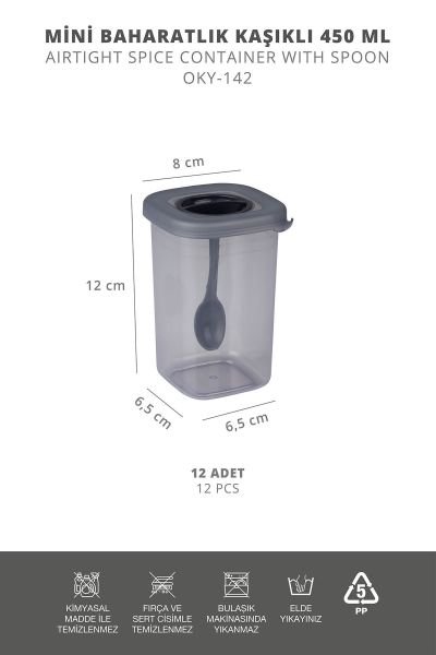 Okyanus Home 12 Adet Etiketli Kaşıklı Kilitlenebilir Kapaklı Baharatlık Seti 450 ml