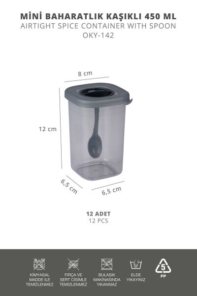 Okyanus Home 12 Adet Etiketli Kaşıklı Kilitlenebilir Kapaklı Baharatlık Seti 450 ml