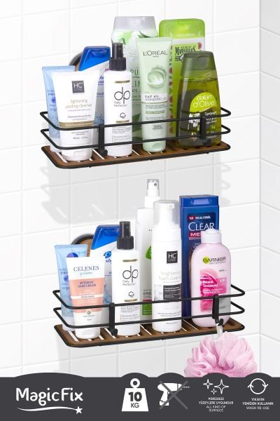 Okyanus Home Siyah Ahşap Desenli Magic Fix Sihirli Yapışkan Twix Banyo Rafı 2 Adet- 13x30cm