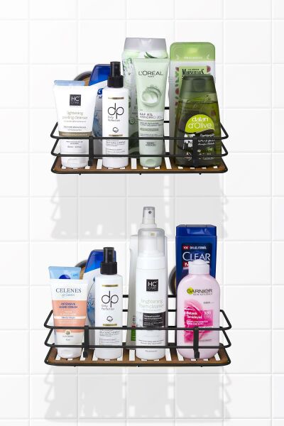 Okyanus Home Siyah Ahşap Desenli Magic Fix Sihirli Yapışkan Twix Banyo Rafı 2 Adet- 13x30cm