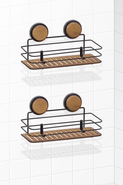 Okyanus Home Siyah Ahşap Desenli Magic Fix Sihirli Yapışkan Twix Banyo Rafı 2 Adet- 13x30cm