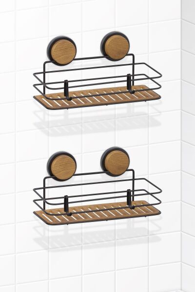 Okyanus Home Siyah Ahşap Desenli Magic Fix Sihirli Yapışkan Twix Banyo Rafı 2 Adet- 13x30cm