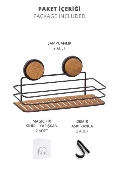 Okyanus Home Siyah Ahşap Desenli Magic Fix Sihirli Yapışkan Twix Banyo Rafı 2 Adet- 13x30cm