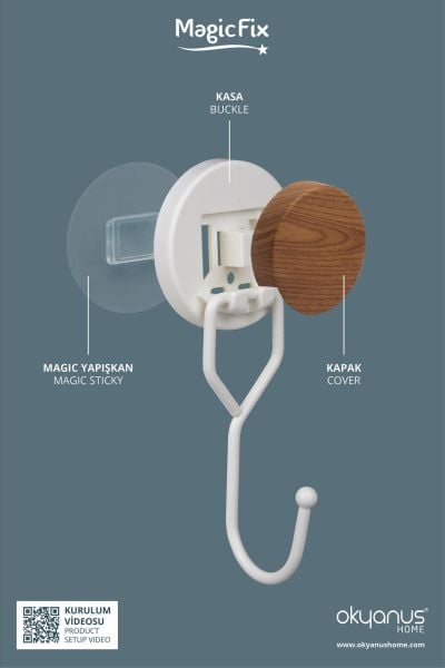 Okyanus Home Ahşap Desenli Magic Fix Sihirli Yapışkan Beyaz Tekli Askı