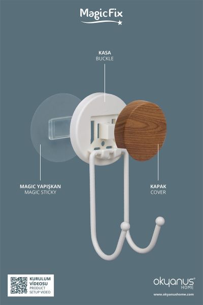 Okyanus Home Ahşap Desenli Magic Fix Sihirli Yapışkan Beyaz İkili Askı