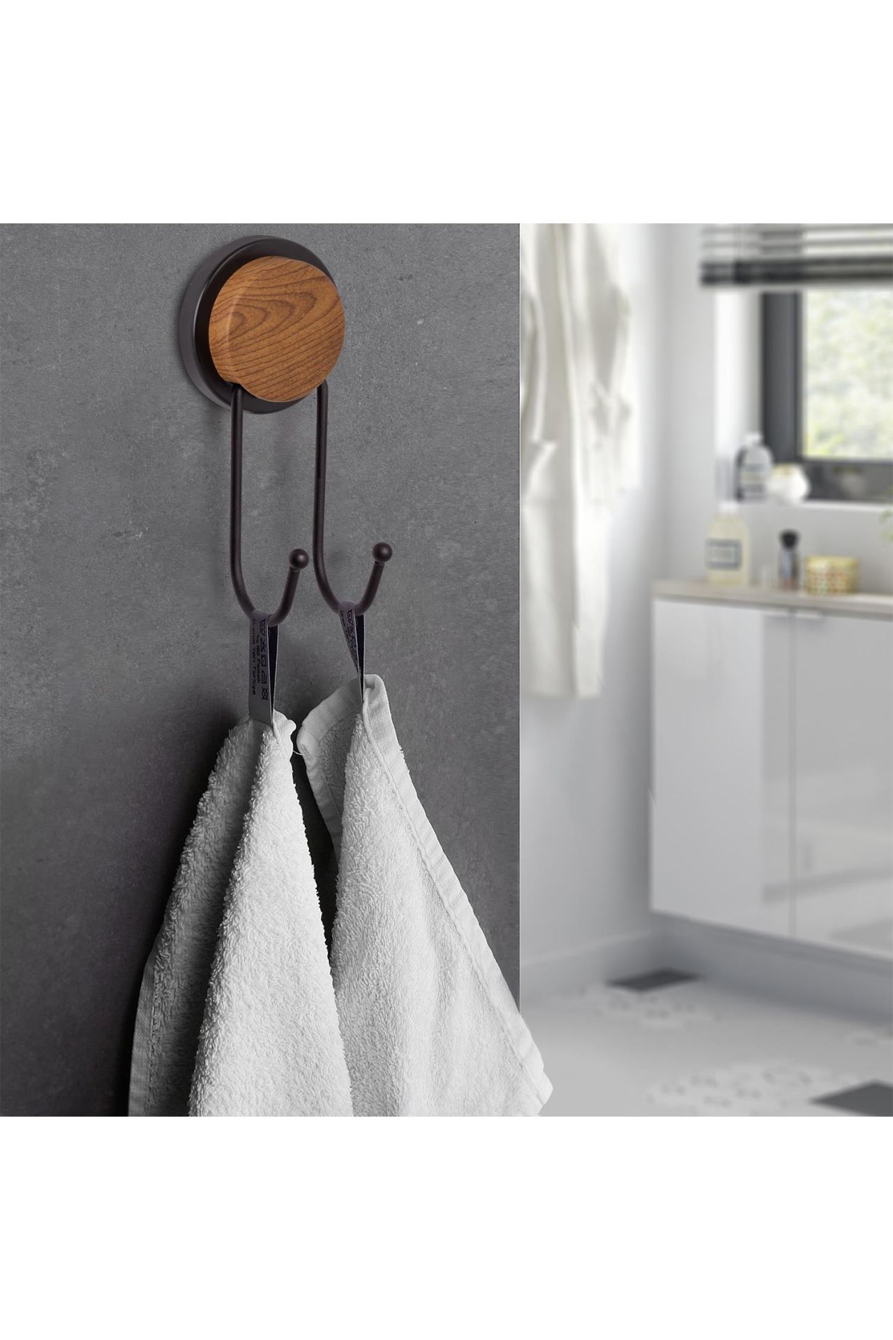 Okyanus Home Ahşap Desenli Magic Fix Sihirli Yapışkan Siyah İkili Askı