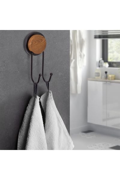 Okyanus Home Ahşap Desenli Magic Fix Sihirli Yapışkan Siyah İkili Askı