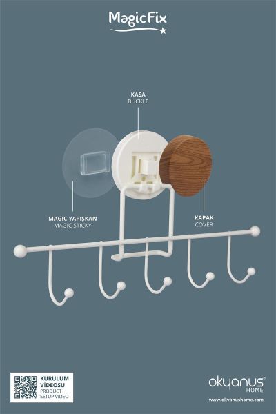 Okyanus Home Ahşap Desenli Magic Fix Sihirli Yapışkan Beyaz 5'li Askı