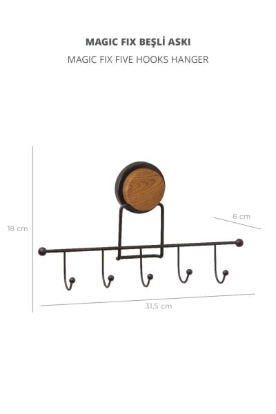 Okyanus Home Ahşap Desenli Magic Fix Sihirli Yapışkan Siyah 5'li Askı