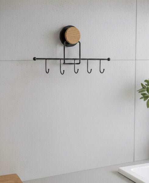 Okyanus Home Ahşap Desenli Magic Fix Sihirli Yapışkan Siyah 5'li Askı