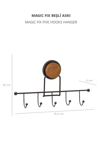 Okyanus Home Ahşap Desenli Magic Fix Sihirli Yapışkan Siyah 5'li Askı