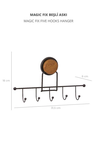 Okyanus Home Ahşap Desenli Magic Fix Sihirli Yapışkan Siyah 5'li Askı