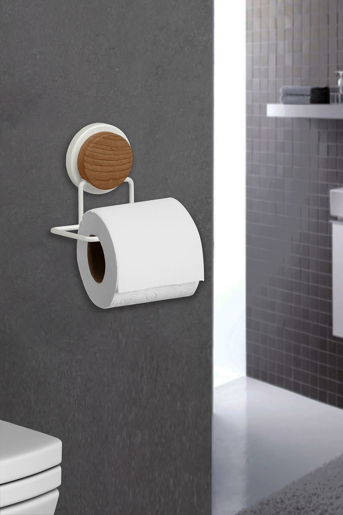 Okyanus Home Ahşap Desenli Magic Fix Sihirli Yapışkan Beyaz WC Kağıtlık