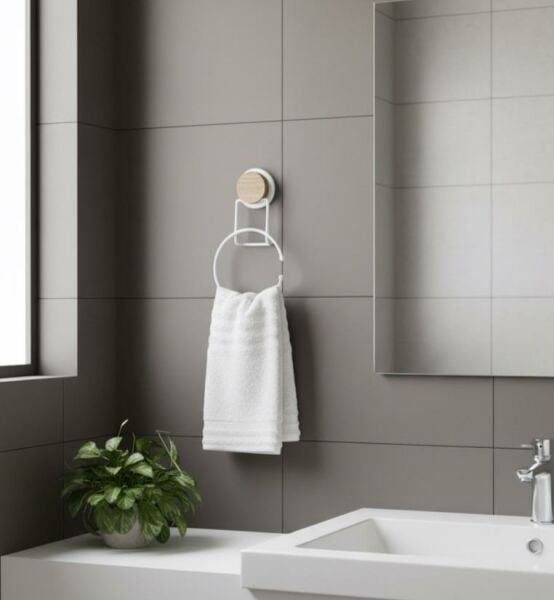 Okyanus Home Ahşap Desenli Magic Fix Sihirli Yapışkan Beyaz Yuvarlak Havluluk