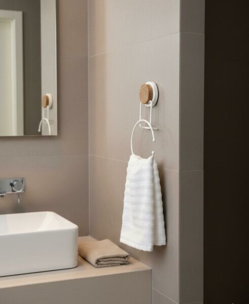 Okyanus Home Ahşap Desenli Magic Fix Sihirli Yapışkan Beyaz Yuvarlak Havluluk