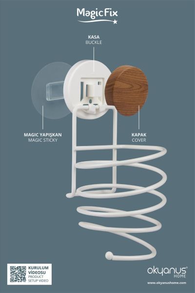 Okyanus Home Ahşap Desenli Magic Fix Sihirli Yapışkan Beyaz Saç Kurutma Makine Askısı