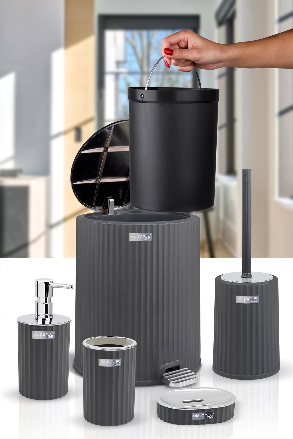 Okyanus Home Coliseum Antrasit Kromlu İç Kovalı Pedallı 5'li Banyo Seti