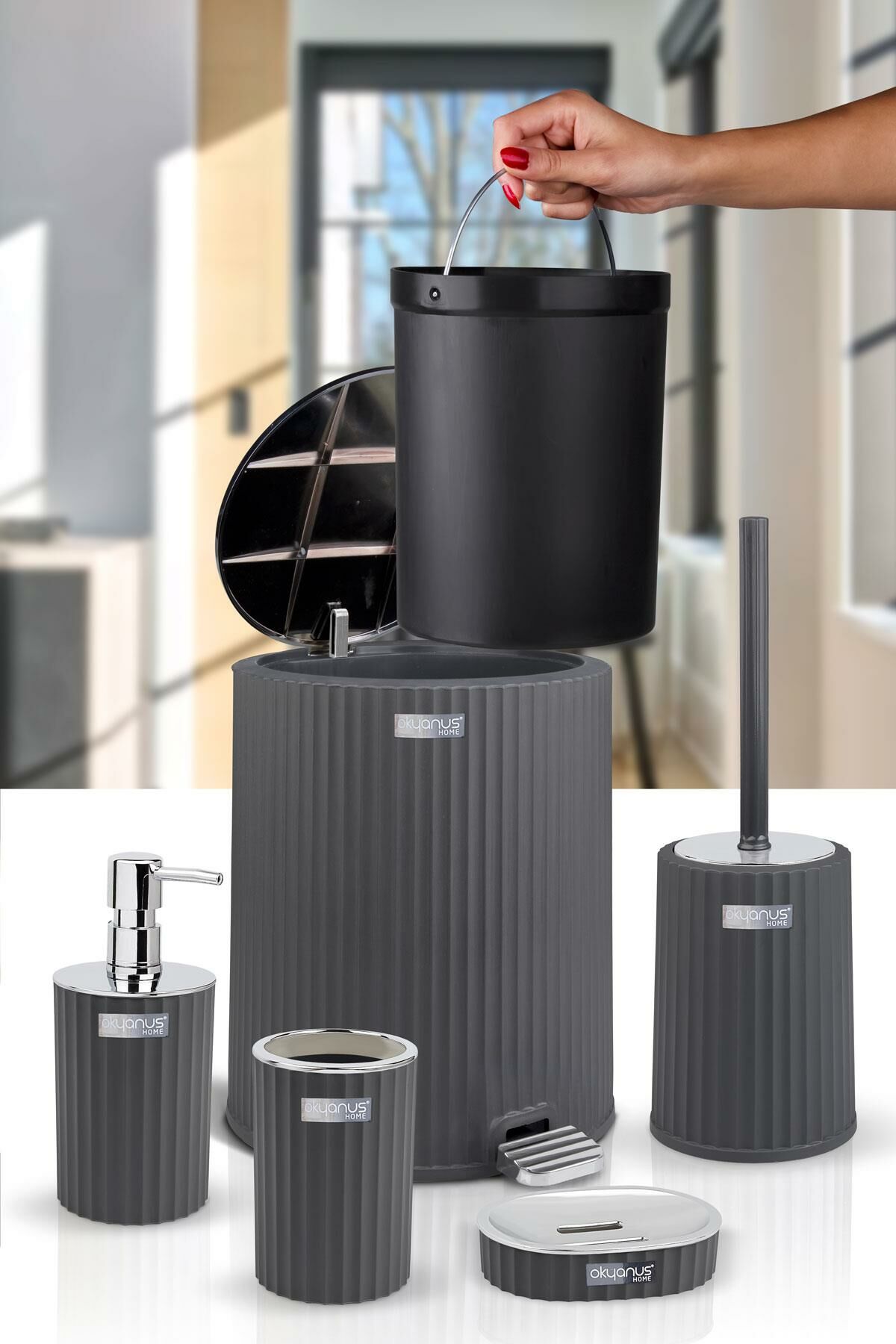 Okyanus Home Coliseum Antrasit Kromlu İç Kovalı Pedallı 5'li Banyo Seti