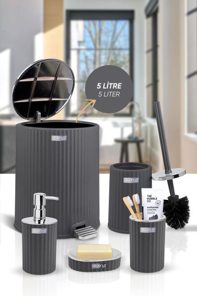 Okyanus Home Coliseum Antrasit Kromlu İç Kovalı Pedallı 5'li Banyo Seti