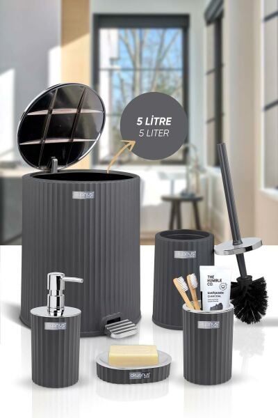 Okyanus Home Coliseum Antrasit Kromlu İç Kovalı Pedallı 5'li Banyo Seti