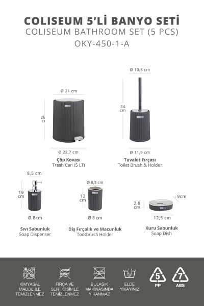 Okyanus Home Coliseum Antrasit Kromlu İç Kovalı Pedallı 5'li Banyo Seti