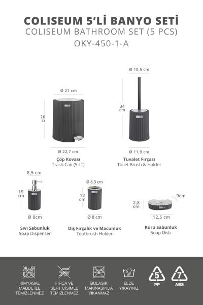 Okyanus Home Coliseum Antrasit Kromlu İç Kovalı Pedallı 5'li Banyo Seti