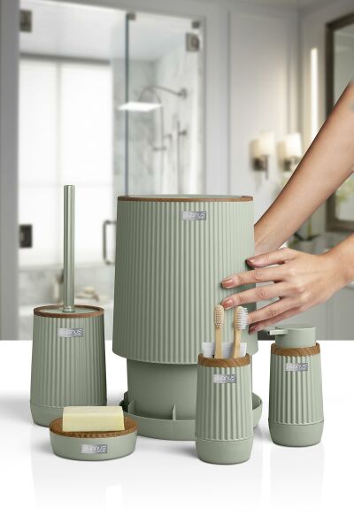 Okyanus Home Nida Yeşil Ahşap Desenli Eko 5'li Banyo Seti