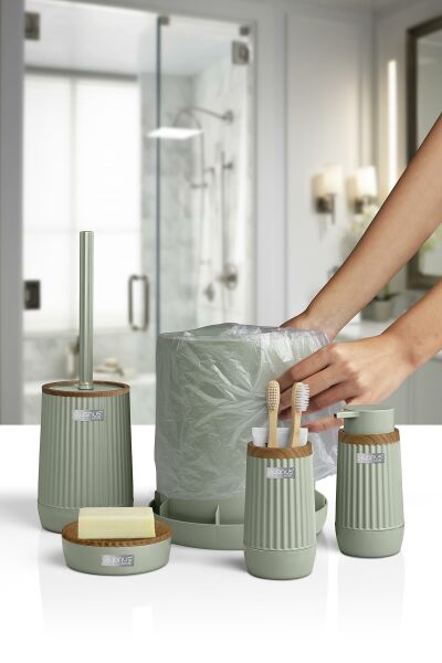 Okyanus Home Nida Yeşil Ahşap Desenli Eko 5'li Banyo Seti