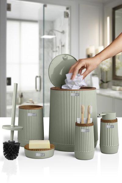 Okyanus Home Nida Yeşil Ahşap Desenli Eko 5'li Banyo Seti