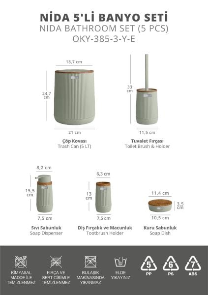 Okyanus Home Nida Yeşil Ahşap Desenli Eko 5'li Banyo Seti