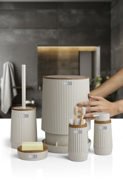 Okyanus Home Nida Bej Ahşap Desenli Eko 5'li Banyo Seti