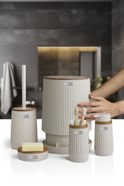 Okyanus Home Nida Bej Ahşap Desenli Eko 5'li Banyo Seti