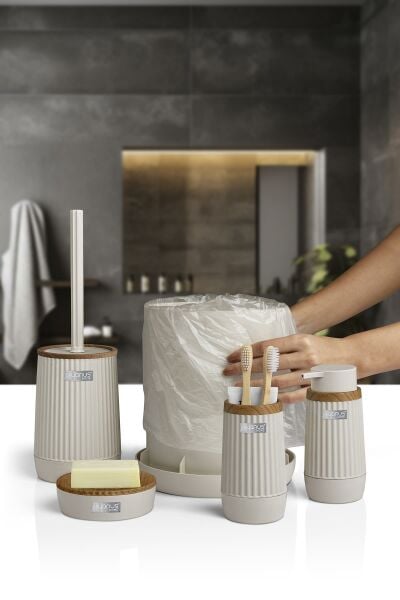 Okyanus Home Nida Bej Ahşap Desenli Eko 5'li Banyo Seti